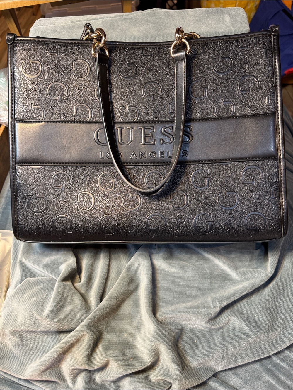 GUESS Black Embossed Logo Tote with Gold-Tone Hardware